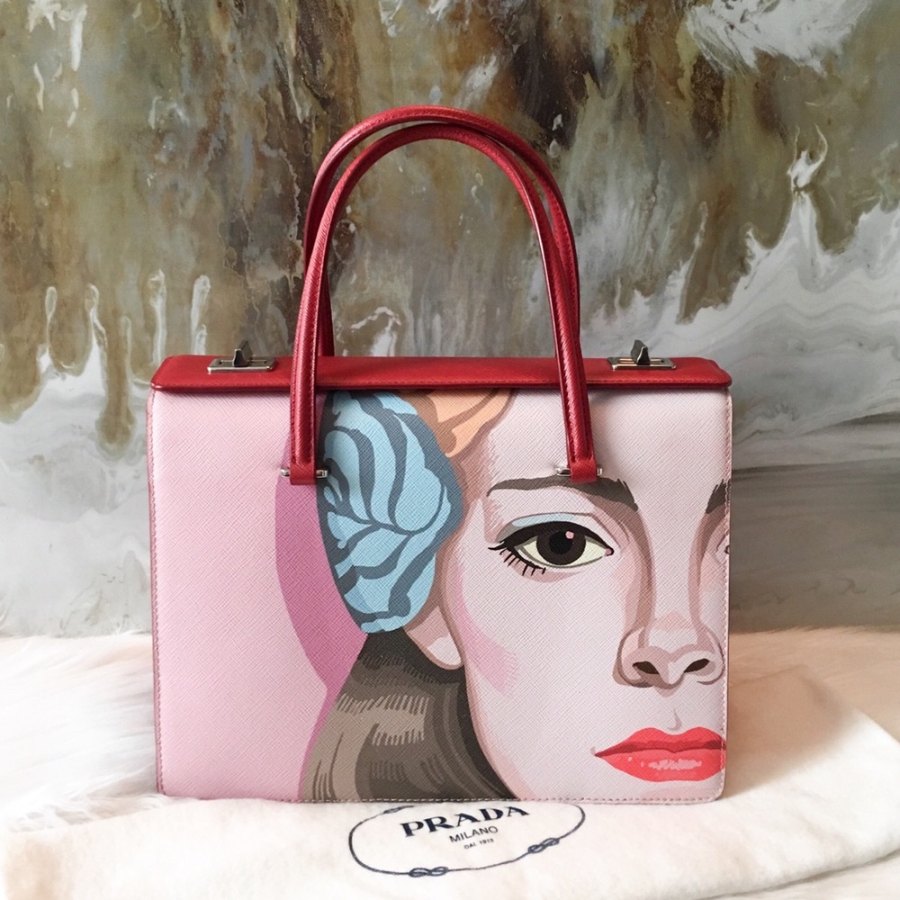 RARE! Prada Saffiano Leather Girl Print Face Bag